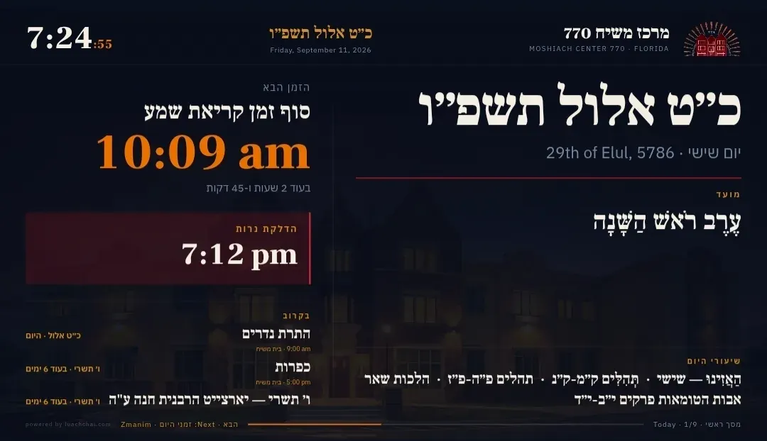 The main screen: Hebrew date, the next zman, candle lighting and what is coming up.