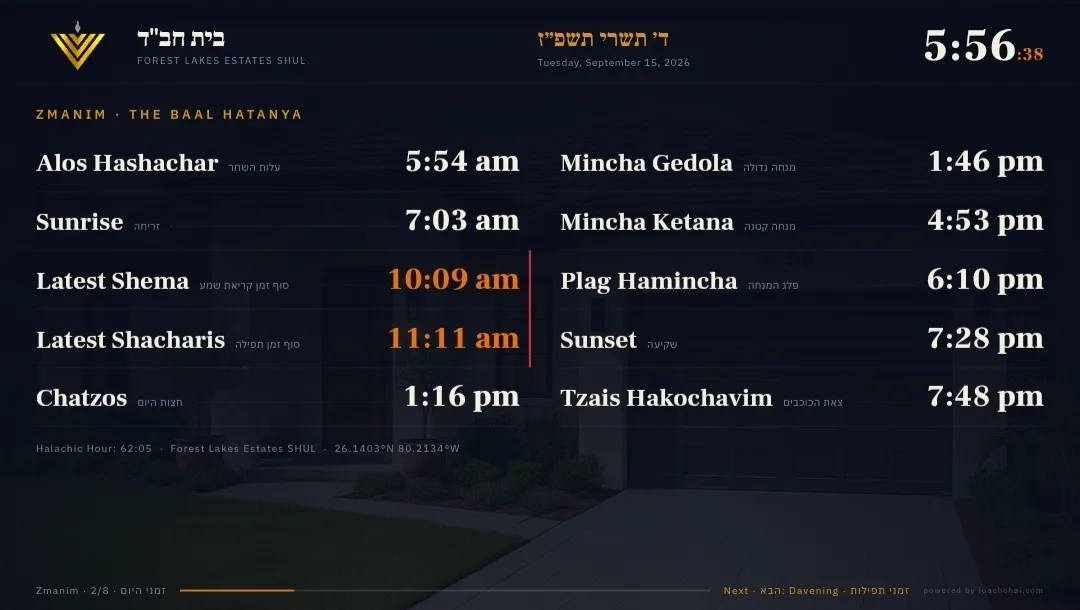 The same zmanim screen with the board set to English: the layout runs left to right, each zman is named in English with its Hebrew name beside it, and the times read 5:54 am to 7:48 pm.