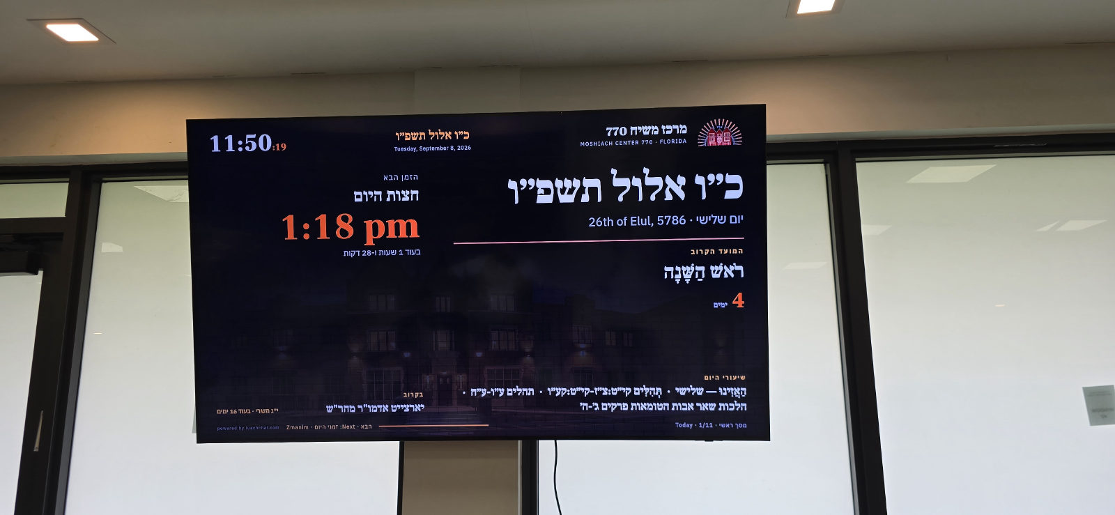The Luach Chai board on the wall at Moshiach Center 770, Lauderhill, Florida.