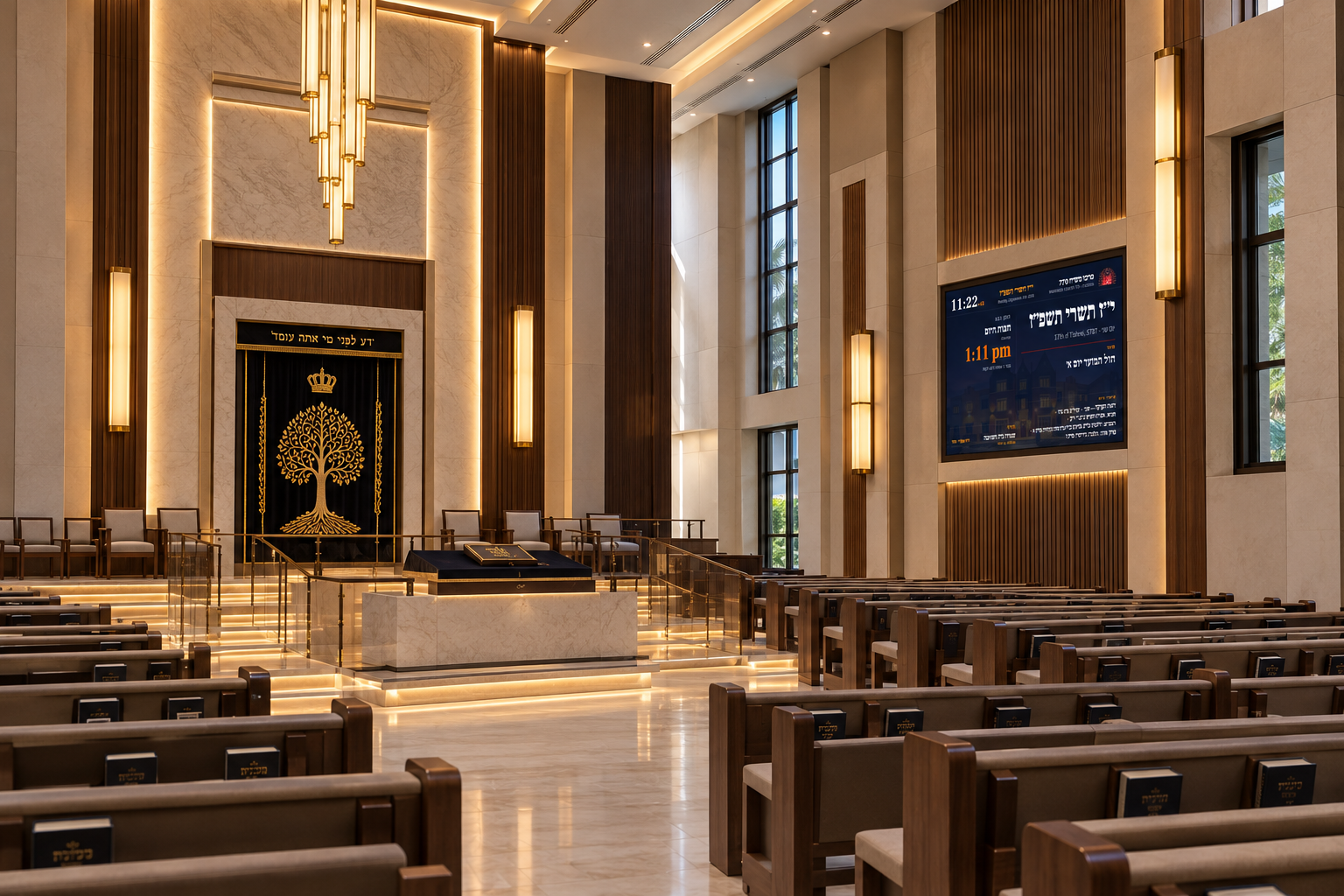 A modern synagogue sanctuary with a large LED screen mounted on the wall.